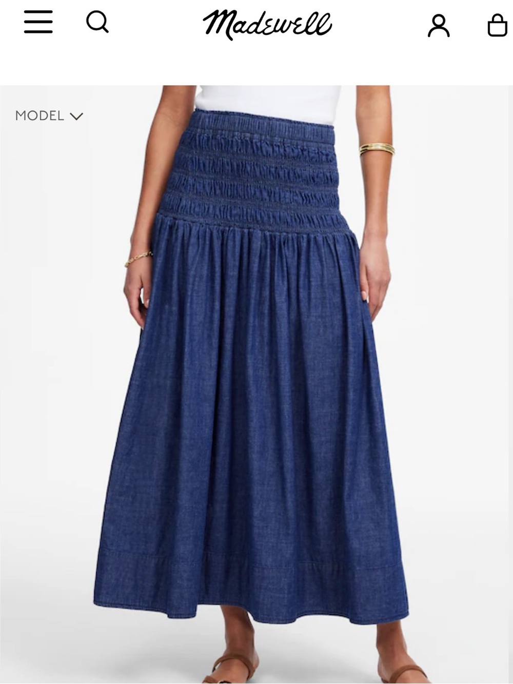 Madewell Dark Blue Smocked-Waist Denim Maxi Skirt NV356 NWT